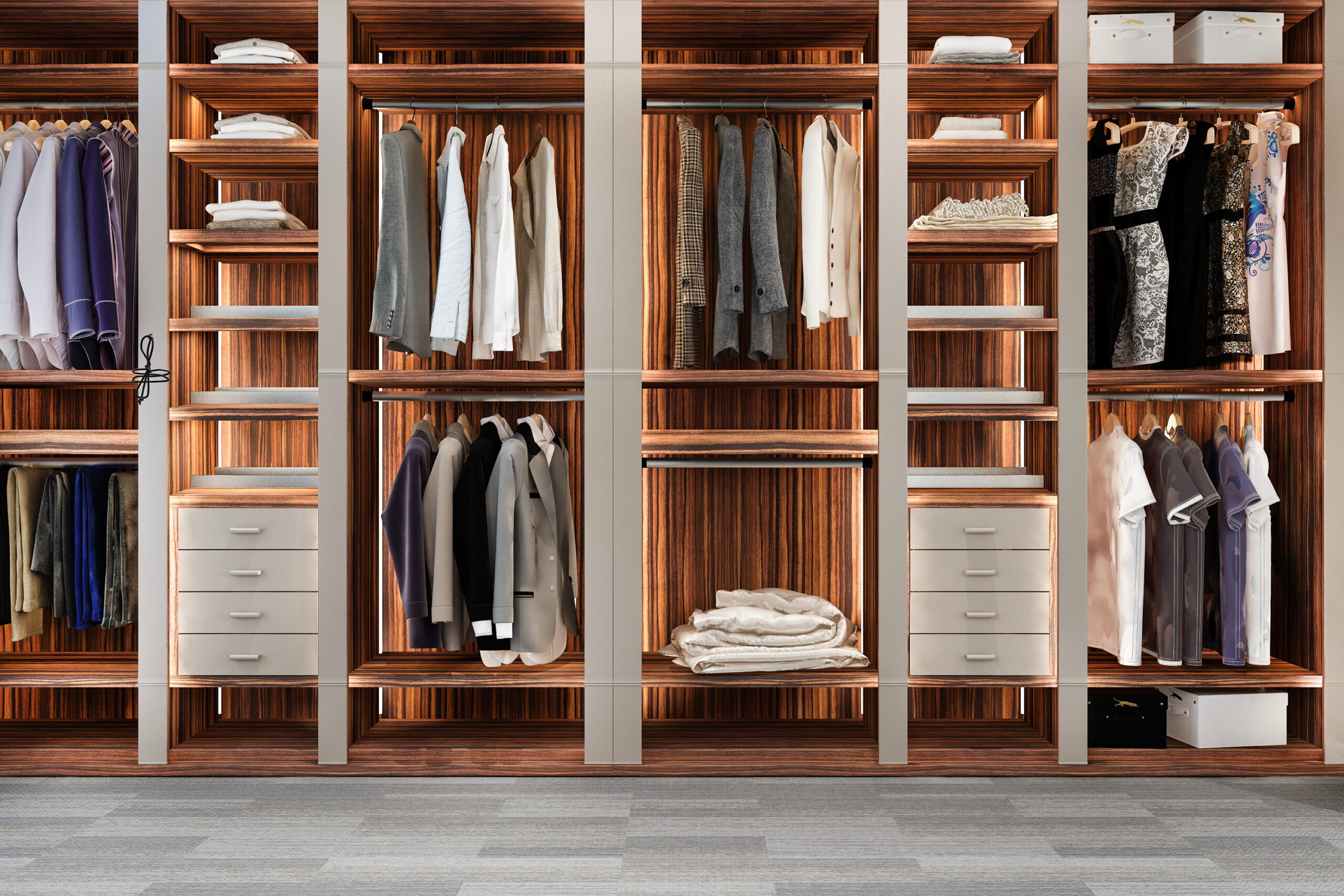 Home 3d rendering minimal scandinavian wood walk in closet with wardrobe